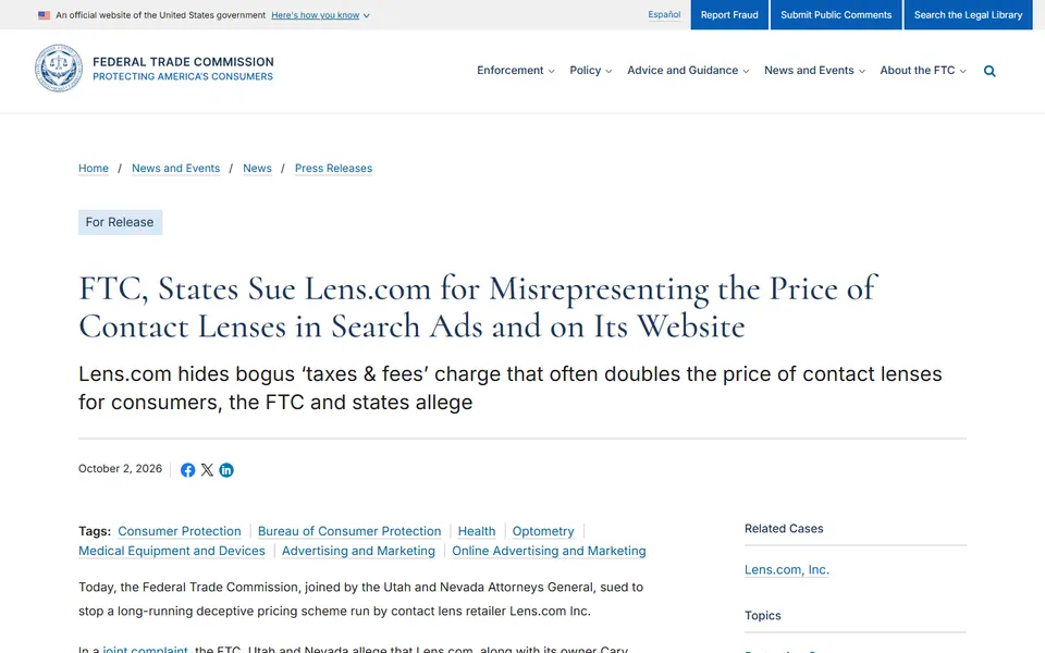 FTC press release page announcing a lawsuit against Lens.com over contact lens pricing.